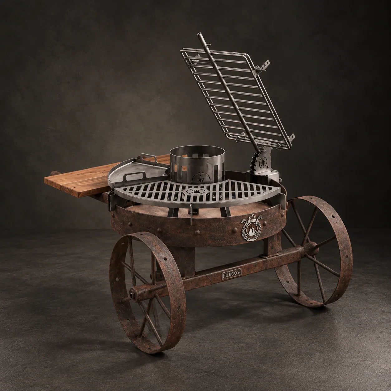 La parrilla Alamo 80 con su mesa lateral de madera, sobre piedra oscura