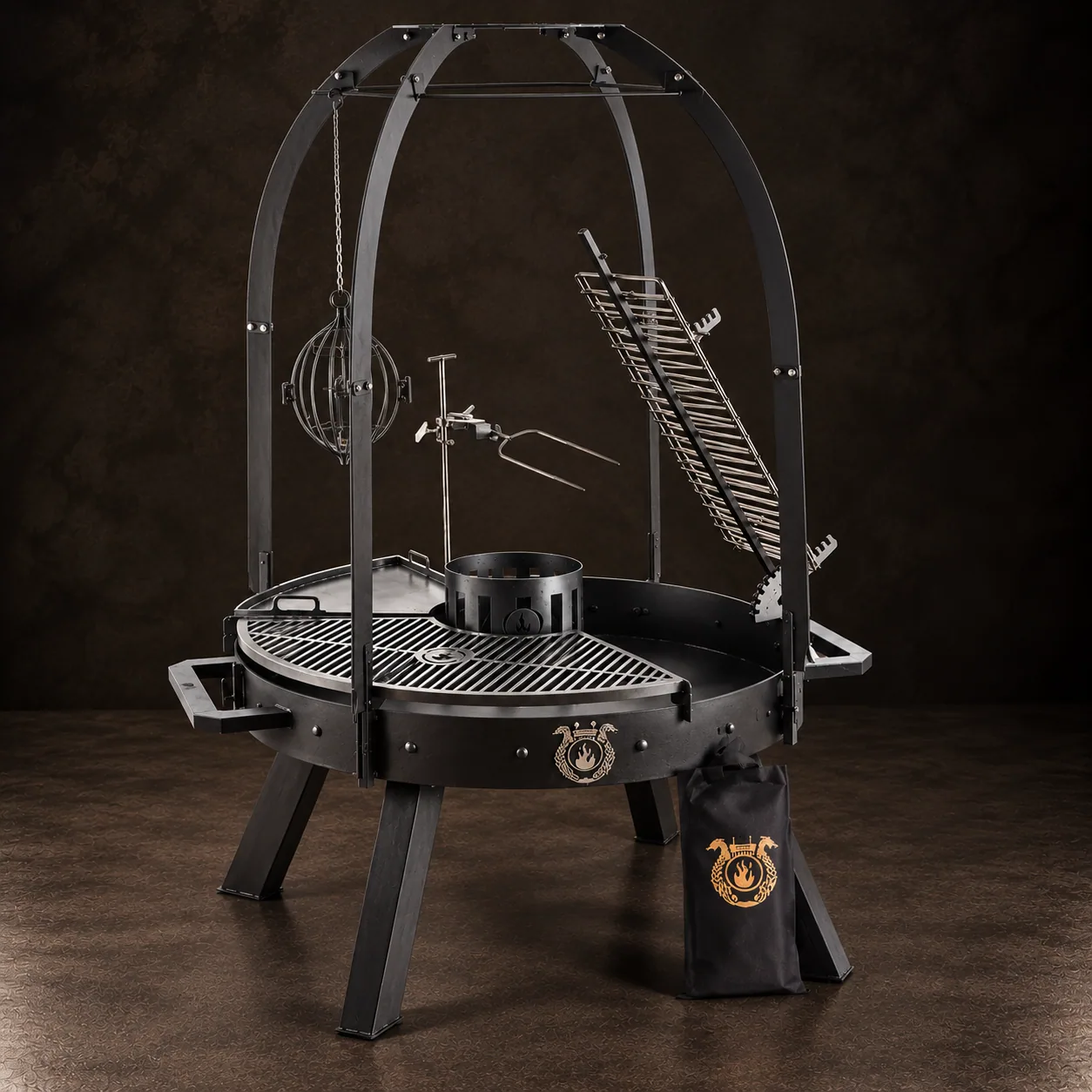 La parrilla Ram 120 Pro con sus accesorios, sobre piedra oscura