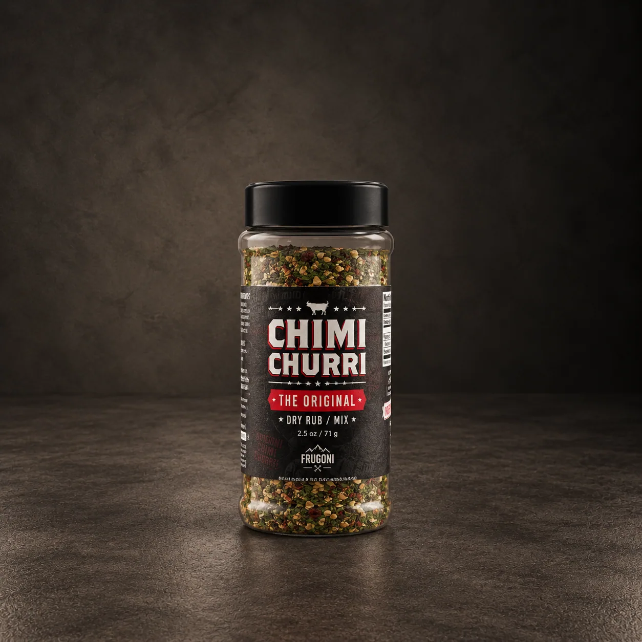 A jar of Frugoni original chimichurri, on dark stone