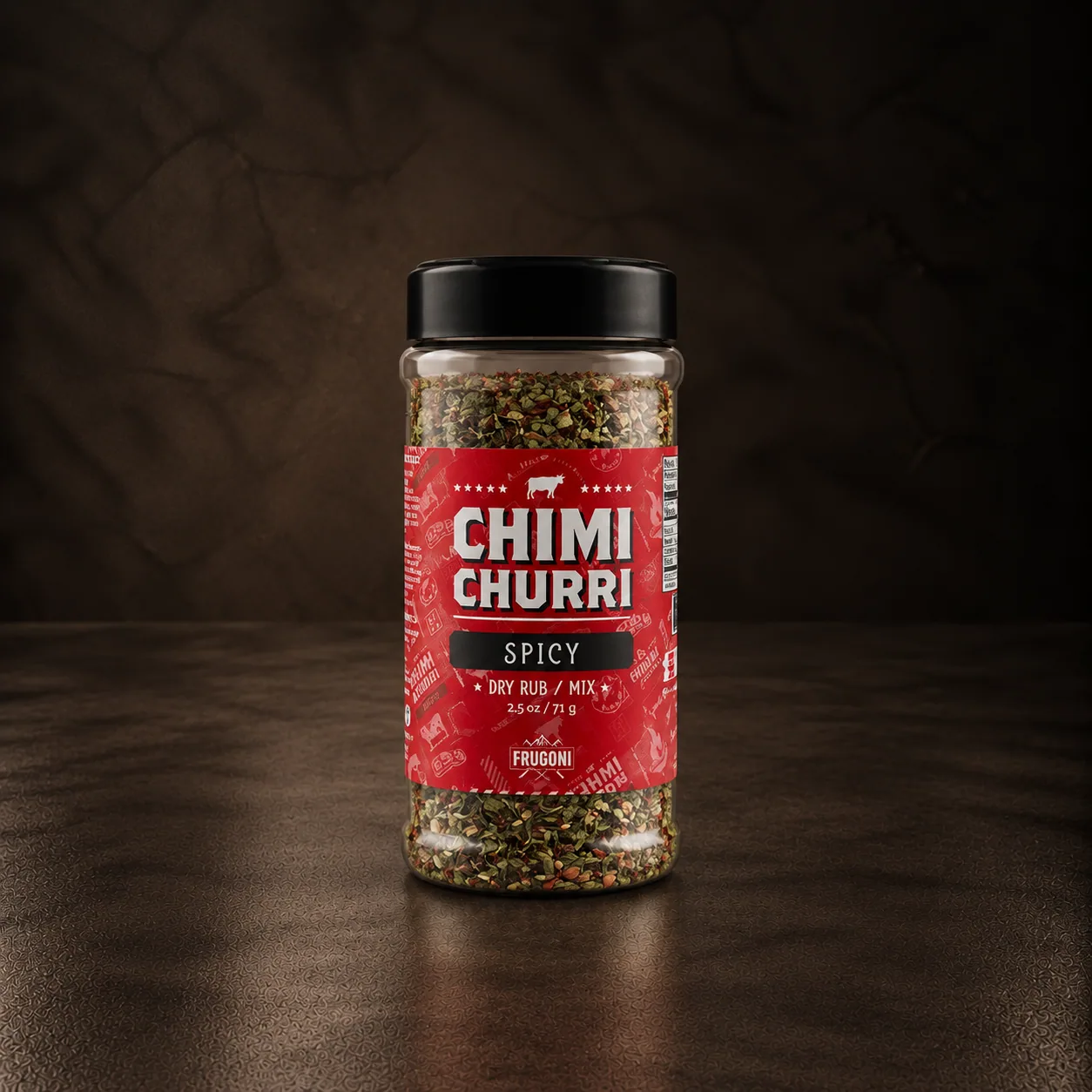 A jar of Frugoni spicy chimichurri, on dark stone